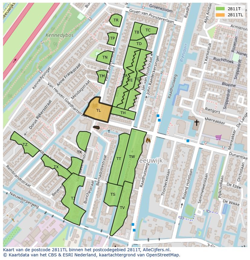 Afbeelding van het postcodegebied 2811 TL op de kaart.