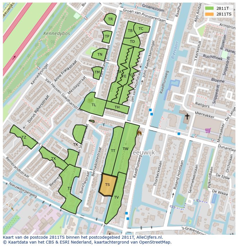 Afbeelding van het postcodegebied 2811 TS op de kaart.