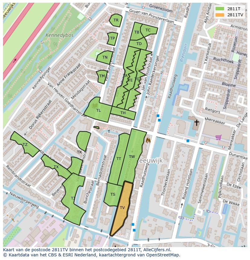 Afbeelding van het postcodegebied 2811 TV op de kaart.