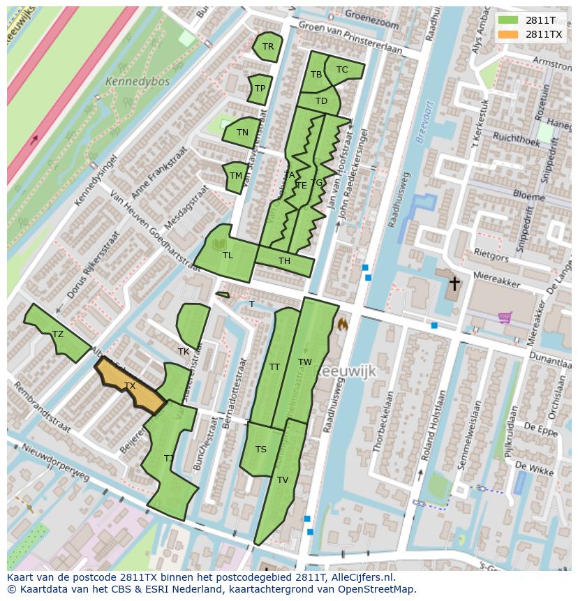 Afbeelding van het postcodegebied 2811 TX op de kaart.