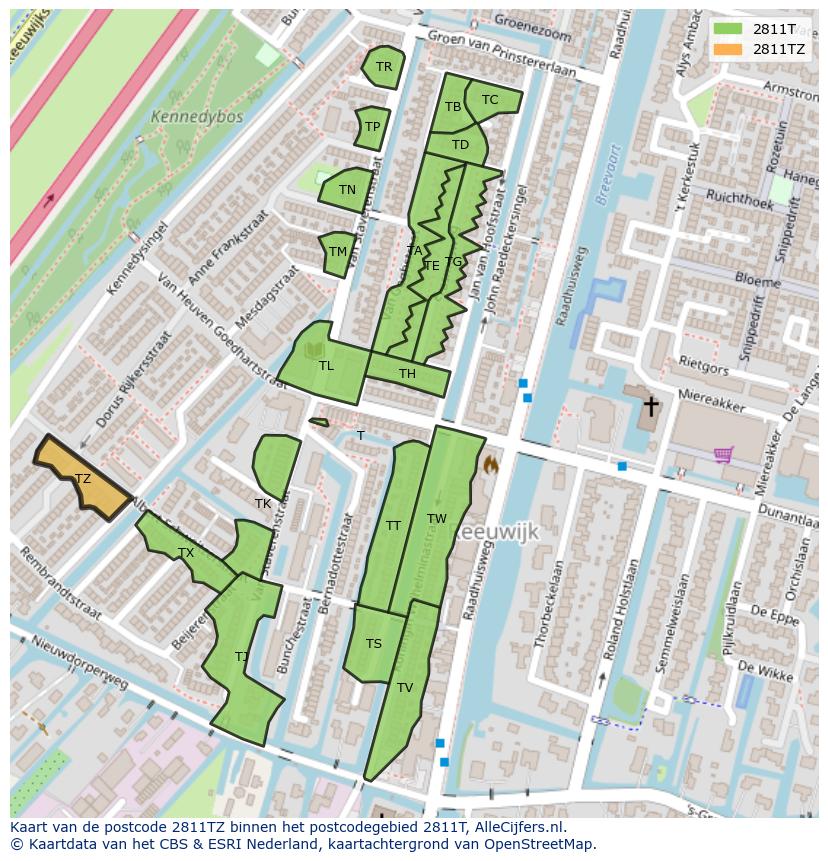 Afbeelding van het postcodegebied 2811 TZ op de kaart.
