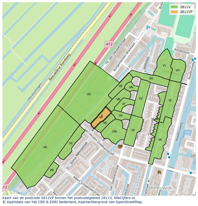 Afbeelding van het postcodegebied 2811 VP op de kaart.