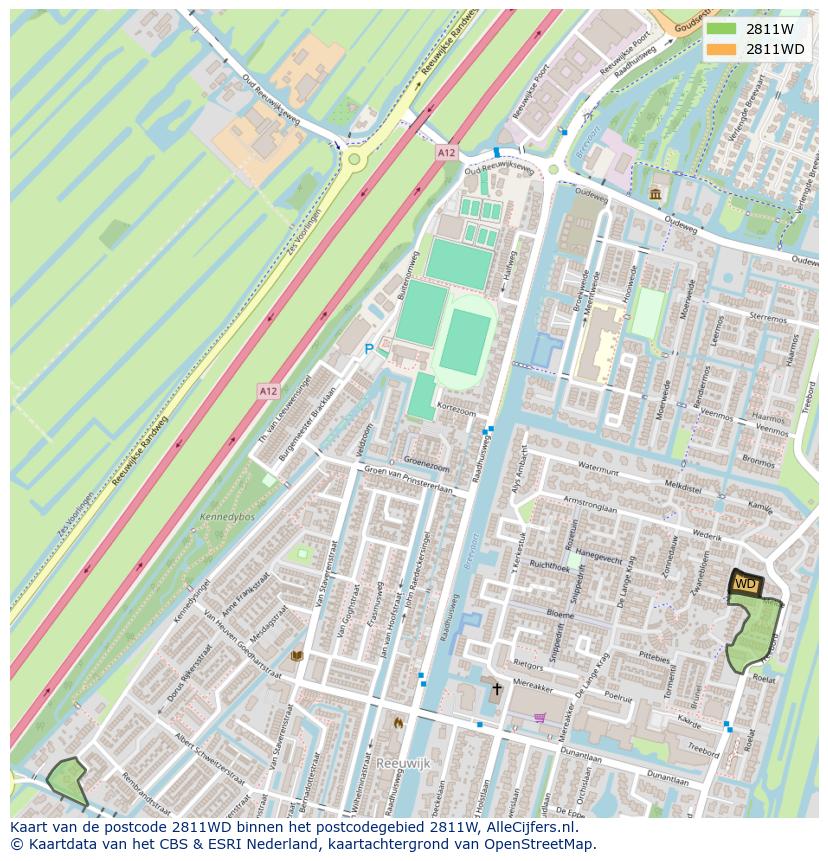 Afbeelding van het postcodegebied 2811 WD op de kaart.