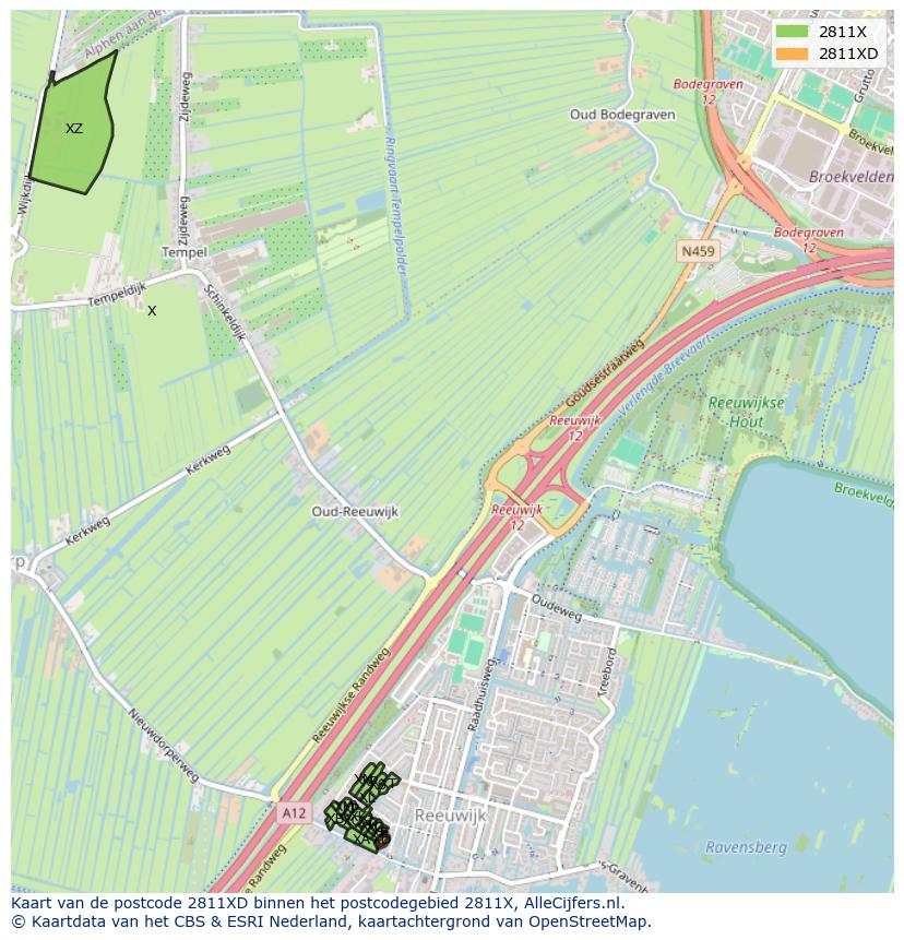 Afbeelding van het postcodegebied 2811 XD op de kaart.