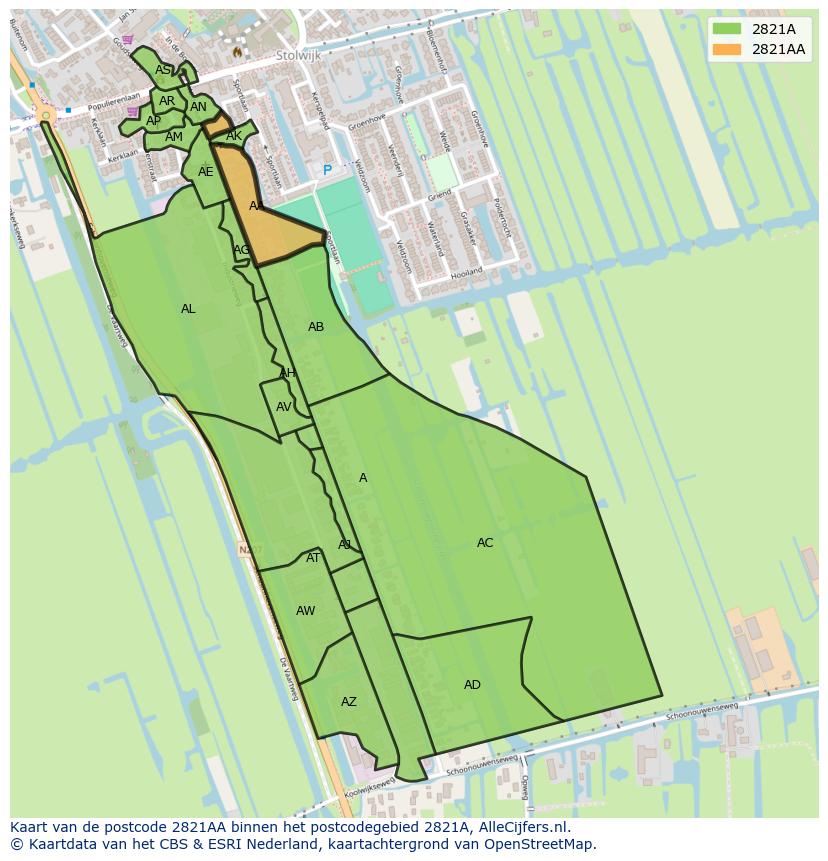 Afbeelding van het postcodegebied 2821 AA op de kaart.