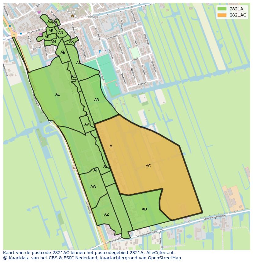 Afbeelding van het postcodegebied 2821 AC op de kaart.