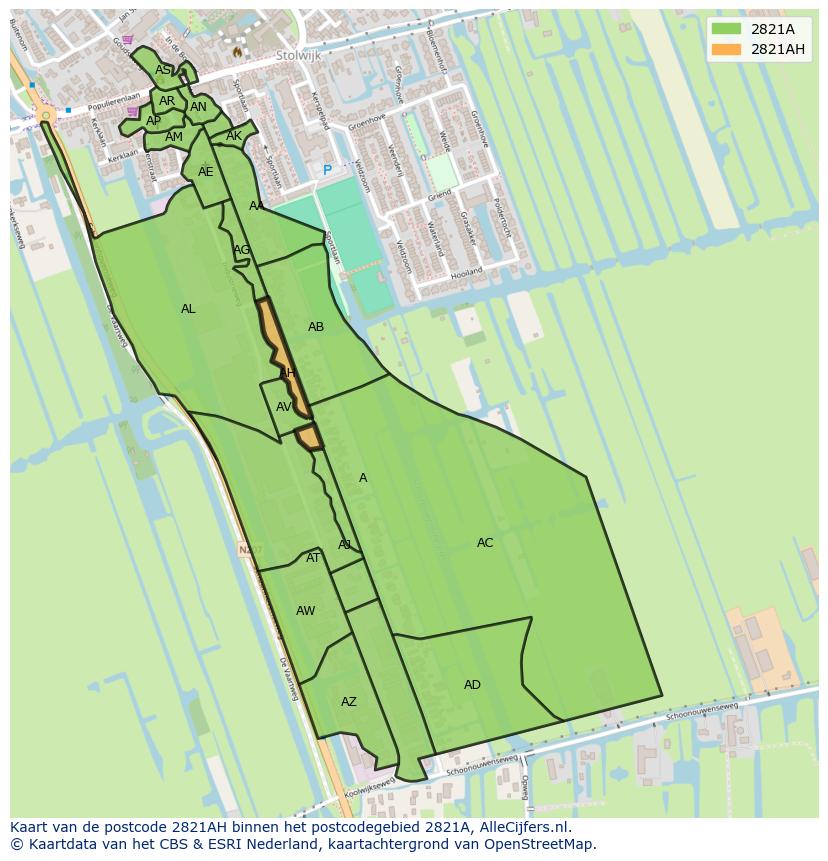 Afbeelding van het postcodegebied 2821 AH op de kaart.