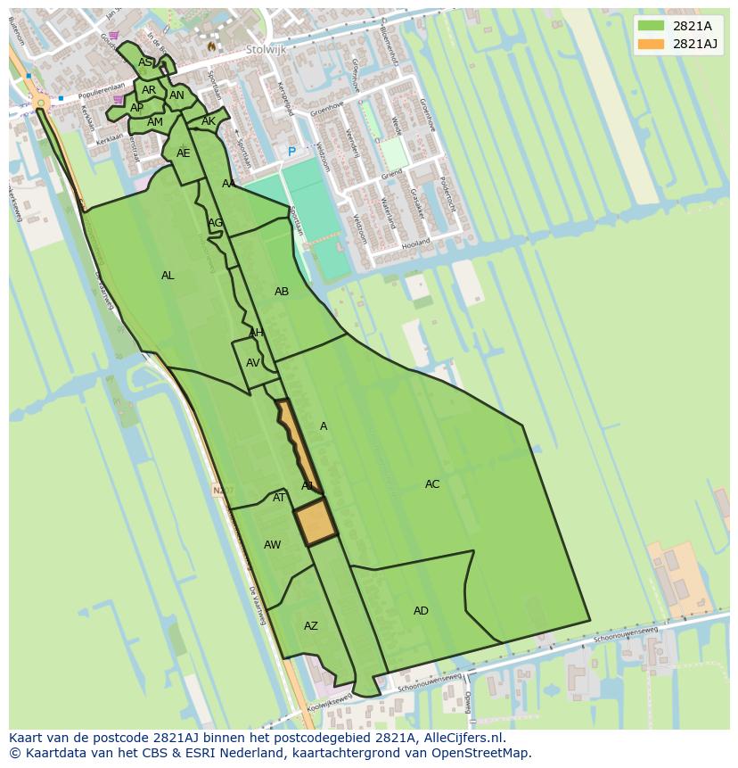 Afbeelding van het postcodegebied 2821 AJ op de kaart.