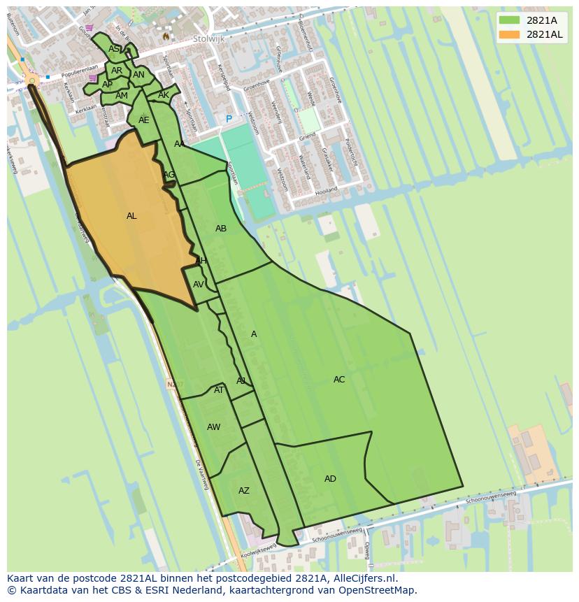 Afbeelding van het postcodegebied 2821 AL op de kaart.