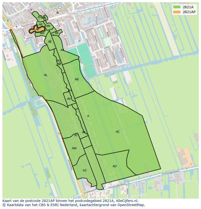 Afbeelding van het postcodegebied 2821 AP op de kaart.