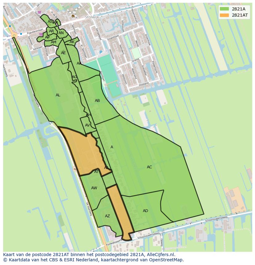 Afbeelding van het postcodegebied 2821 AT op de kaart.