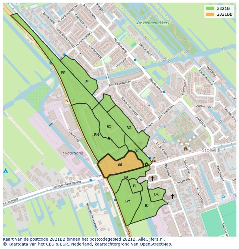 Afbeelding van het postcodegebied 2821 BB op de kaart.