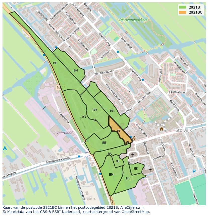 Afbeelding van het postcodegebied 2821 BC op de kaart.