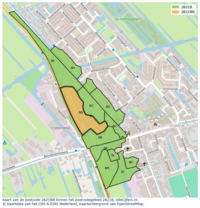 Afbeelding van het postcodegebied 2821 BN op de kaart.