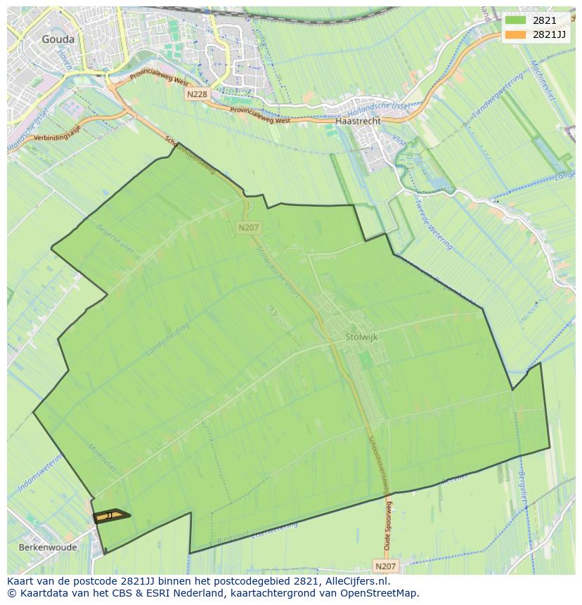 Afbeelding van het postcodegebied 2821 JJ op de kaart.
