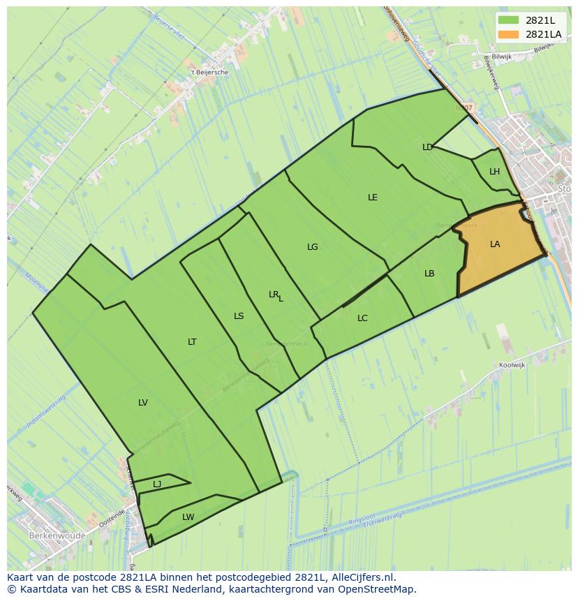 Afbeelding van het postcodegebied 2821 LA op de kaart.