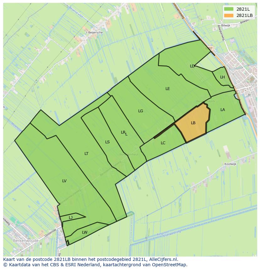 Afbeelding van het postcodegebied 2821 LB op de kaart.