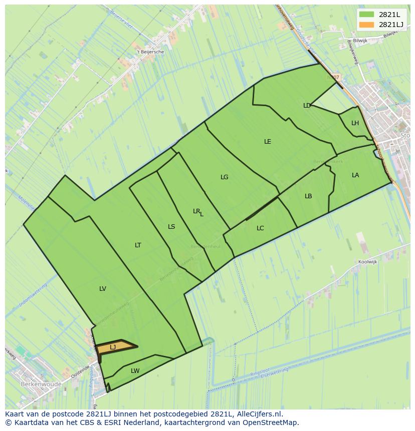 Afbeelding van het postcodegebied 2821 LJ op de kaart.