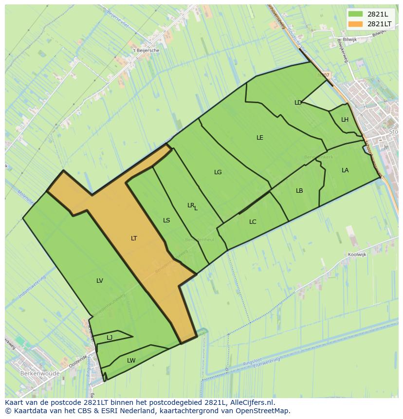 Afbeelding van het postcodegebied 2821 LT op de kaart.