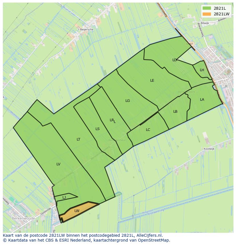 Afbeelding van het postcodegebied 2821 LW op de kaart.