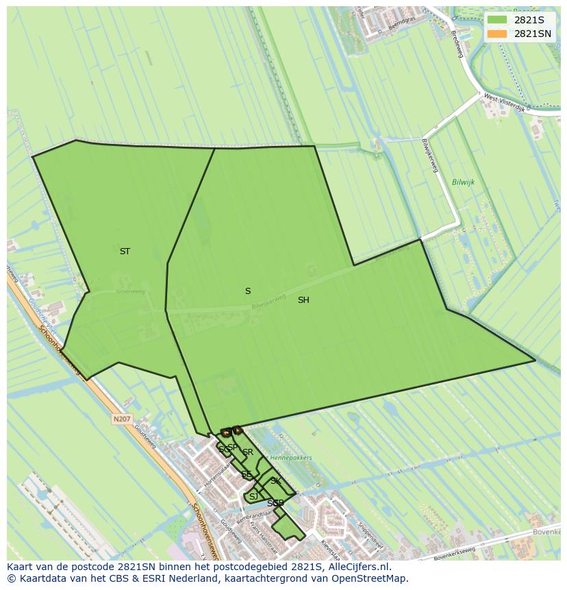 Afbeelding van het postcodegebied 2821 SN op de kaart.