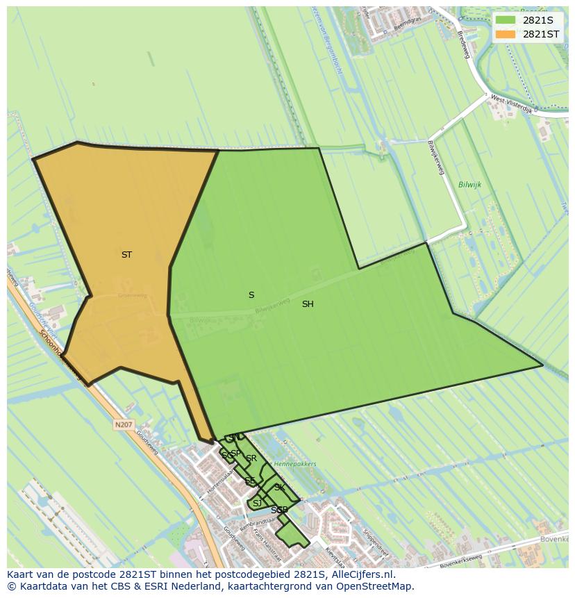 Afbeelding van het postcodegebied 2821 ST op de kaart.