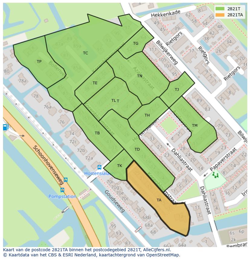 Afbeelding van het postcodegebied 2821 TA op de kaart.