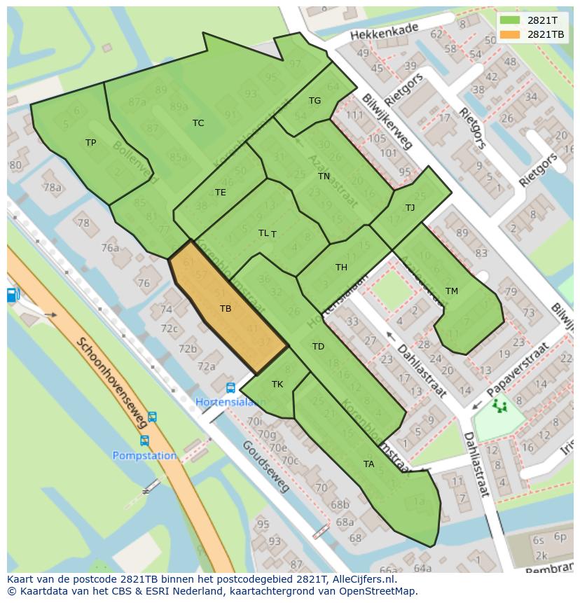 Afbeelding van het postcodegebied 2821 TB op de kaart.