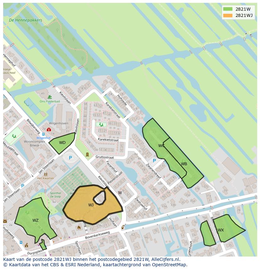 Afbeelding van het postcodegebied 2821 WJ op de kaart.