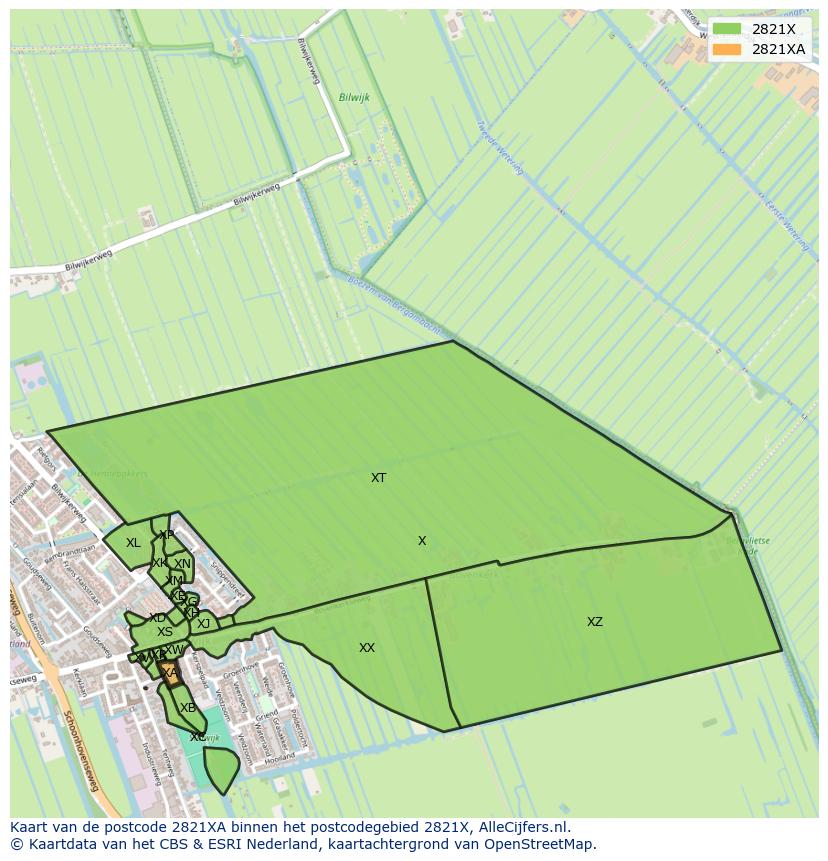 Afbeelding van het postcodegebied 2821 XA op de kaart.