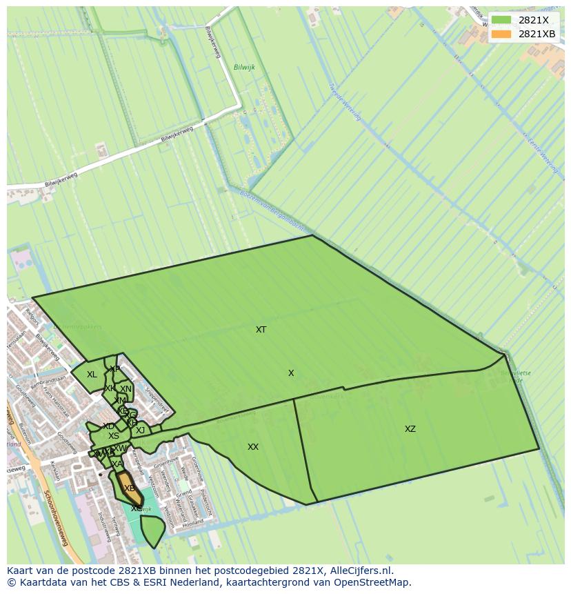 Afbeelding van het postcodegebied 2821 XB op de kaart.