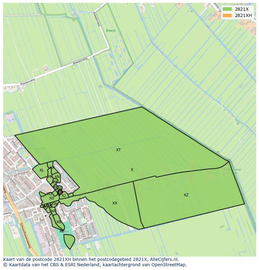 Afbeelding van het postcodegebied 2821 XH op de kaart.