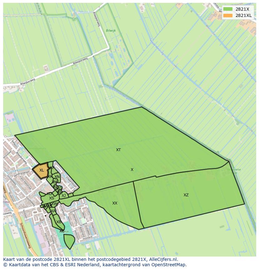 Afbeelding van het postcodegebied 2821 XL op de kaart.