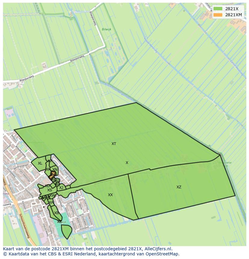 Afbeelding van het postcodegebied 2821 XM op de kaart.