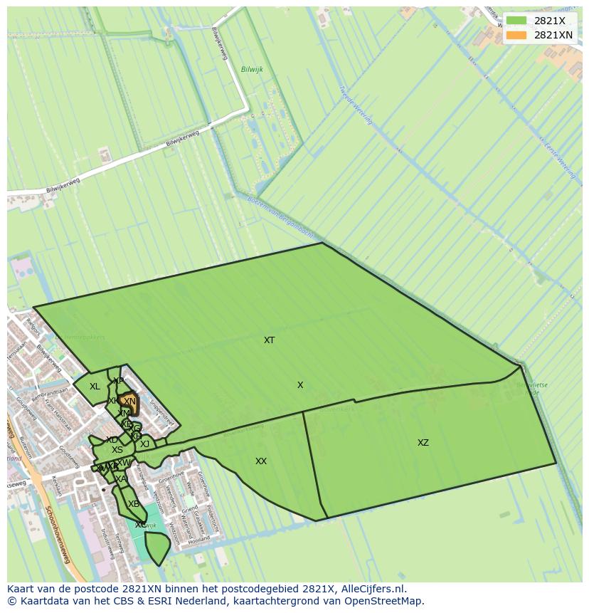 Afbeelding van het postcodegebied 2821 XN op de kaart.