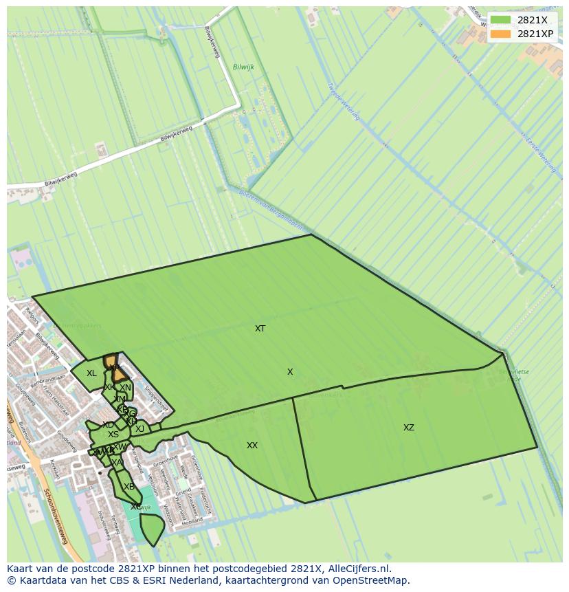 Afbeelding van het postcodegebied 2821 XP op de kaart.