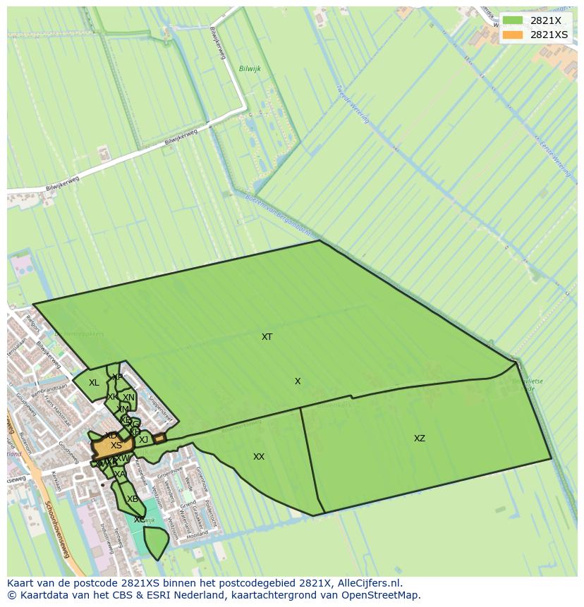Afbeelding van het postcodegebied 2821 XS op de kaart.