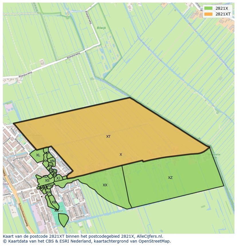 Afbeelding van het postcodegebied 2821 XT op de kaart.