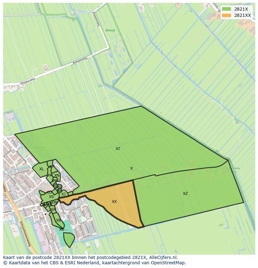 Afbeelding van het postcodegebied 2821 XX op de kaart.