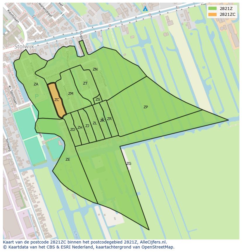 Afbeelding van het postcodegebied 2821 ZC op de kaart.