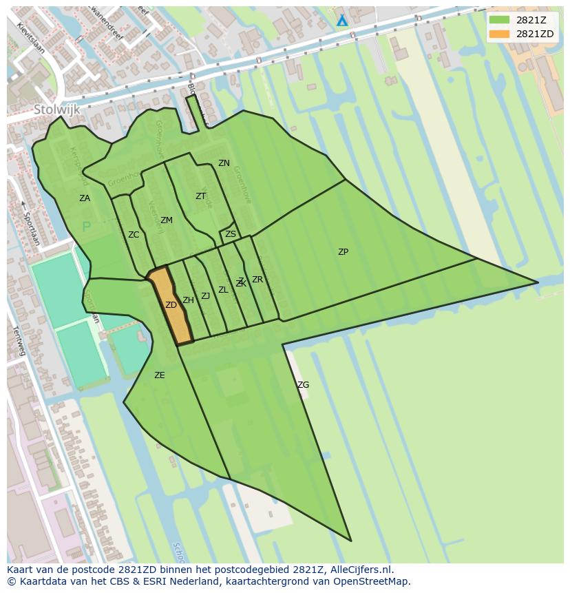 Afbeelding van het postcodegebied 2821 ZD op de kaart.