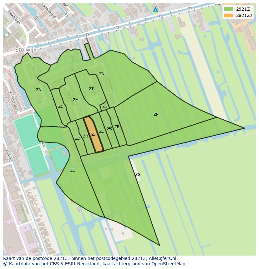 Afbeelding van het postcodegebied 2821 ZJ op de kaart.