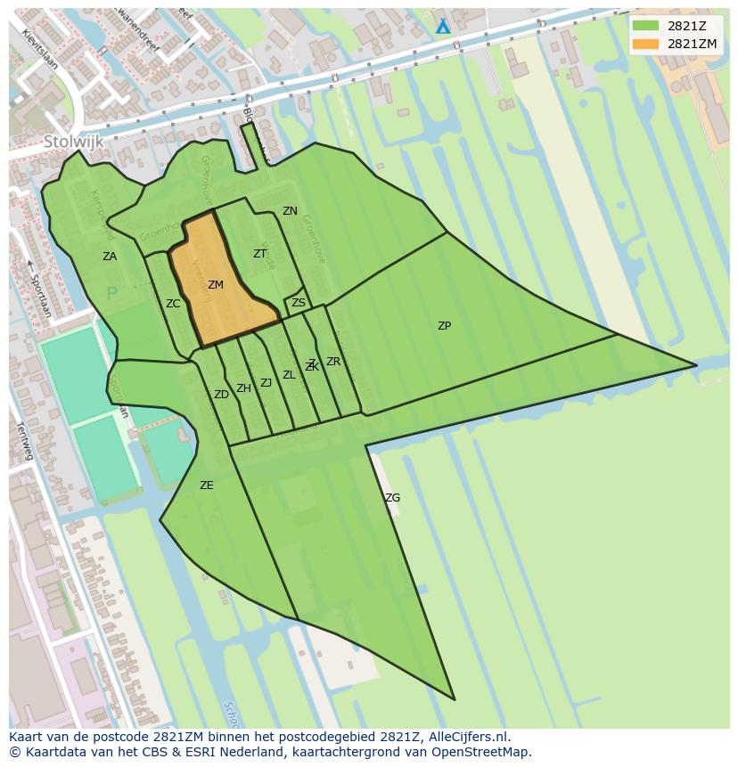 Afbeelding van het postcodegebied 2821 ZM op de kaart.