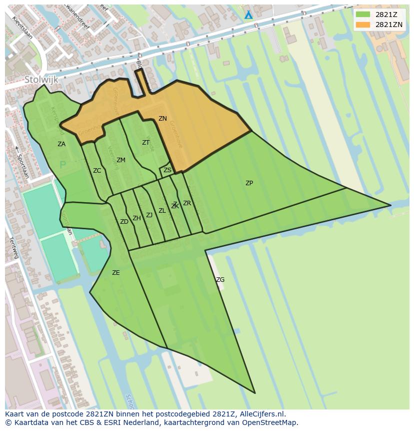 Afbeelding van het postcodegebied 2821 ZN op de kaart.