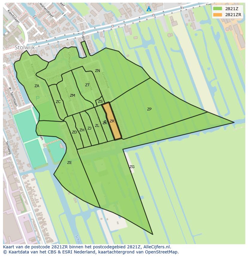 Afbeelding van het postcodegebied 2821 ZR op de kaart.