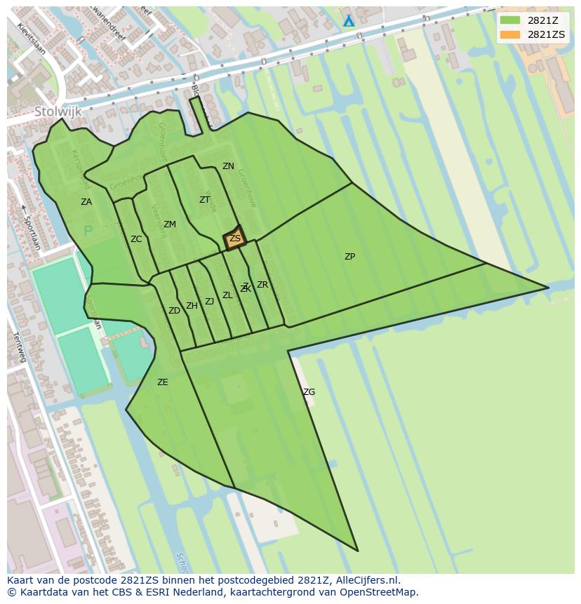Afbeelding van het postcodegebied 2821 ZS op de kaart.