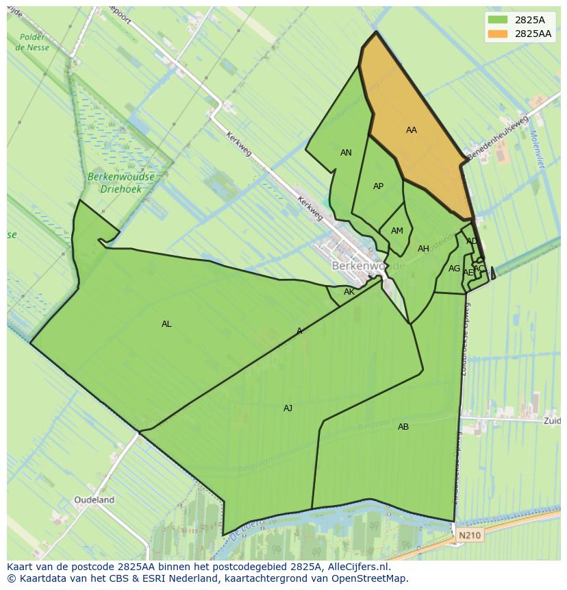 Afbeelding van het postcodegebied 2825 AA op de kaart.