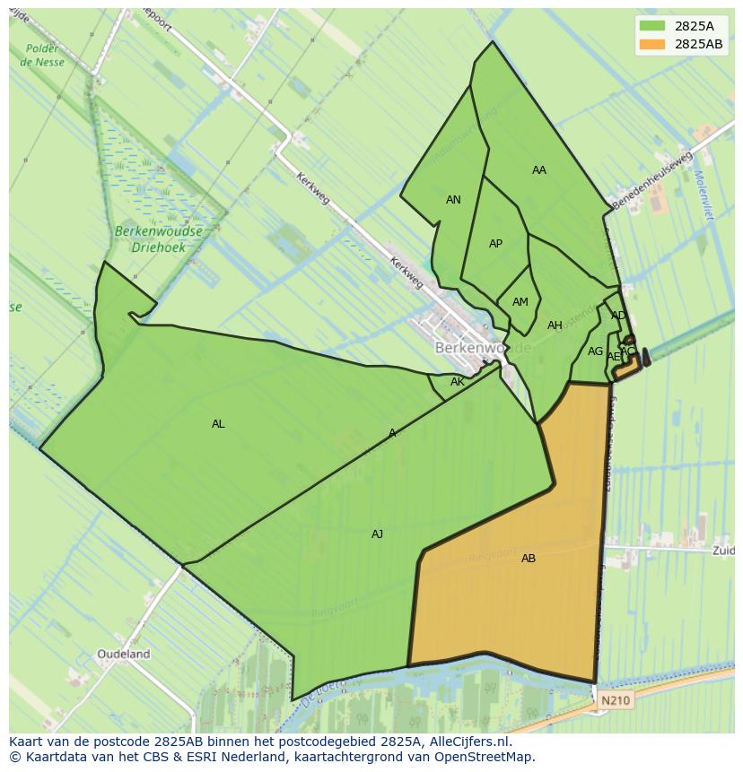 Afbeelding van het postcodegebied 2825 AB op de kaart.