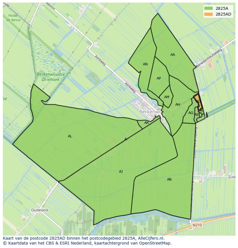 Afbeelding van het postcodegebied 2825 AD op de kaart.