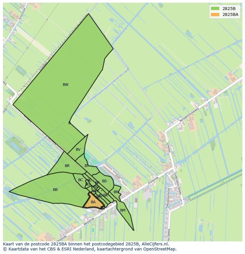 Afbeelding van het postcodegebied 2825 BA op de kaart.